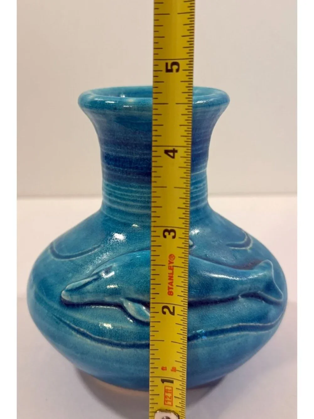 Vintage Dolphin Lagoon Ocean Blue Vase Handmade Studio Pottery 4 1/2